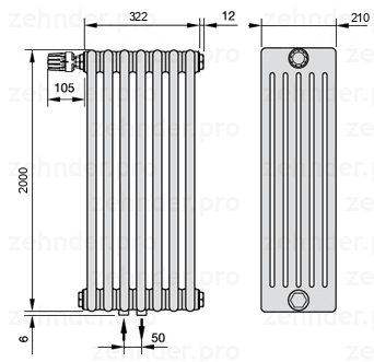 Схема (чертеж) Радиатор Zehnder Charleston 6200/7 №V007 Белый глянцевый RAL 9016